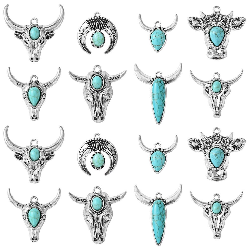 4102 16 pcs 8 Styles Synthetic Turquoise Charms Antique Silver Cow Cattle